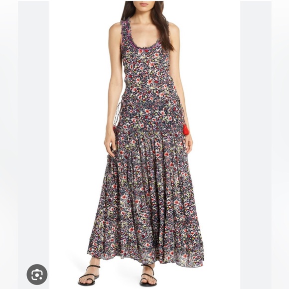 Poupette St. Barth Betty Bety Floral Georgette Maxi Dress Navy Azalea Tier Small - Picture 1 of 11